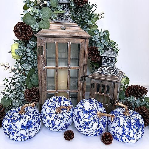 Winlyn 4 Pcs Faux Decorative Blue and White Fabric Pumpkins Chinoiserie Chic Pumpkins Foam Pumpkins for Gifts Farmhouse Thanksgiving Halloween Fall Wedding Table Centerpiece Mantel Bowl Decorations
