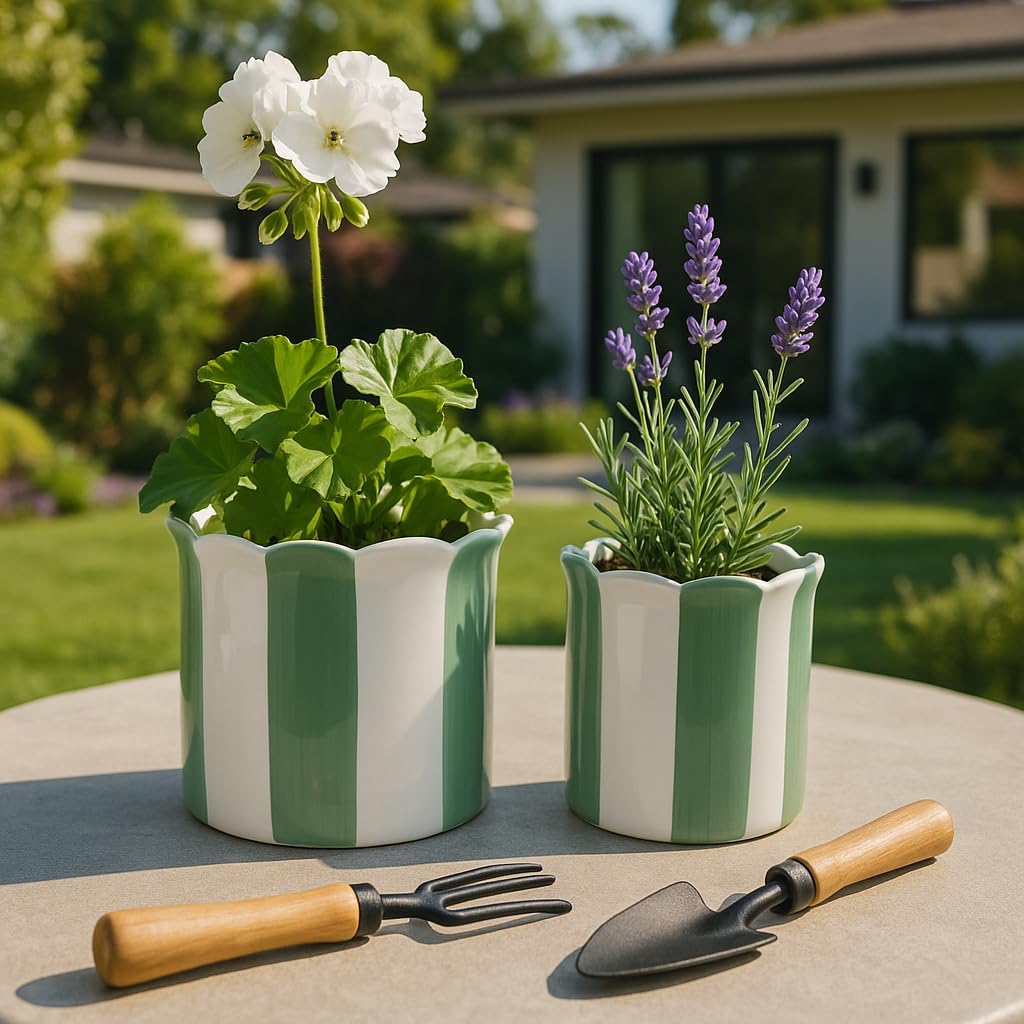 Ceramic Planter Pots / 6"L x 6"W x 6"H and 8"L x 8"W x 7"H / Green