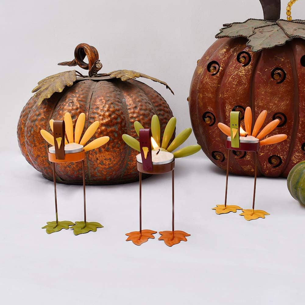 Attraction Design Decorative Candle Holder Thanksgiving Turkey Decorations Set of 3, Metal Turkey Home Decor Accent