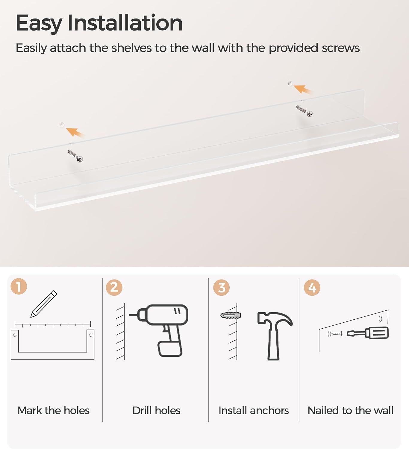 HBlife 24 Inches Floating Shelves Wall Mounted Clear Acrylic Shelves for Figures, Invisible Floating Bookshelf for Kids