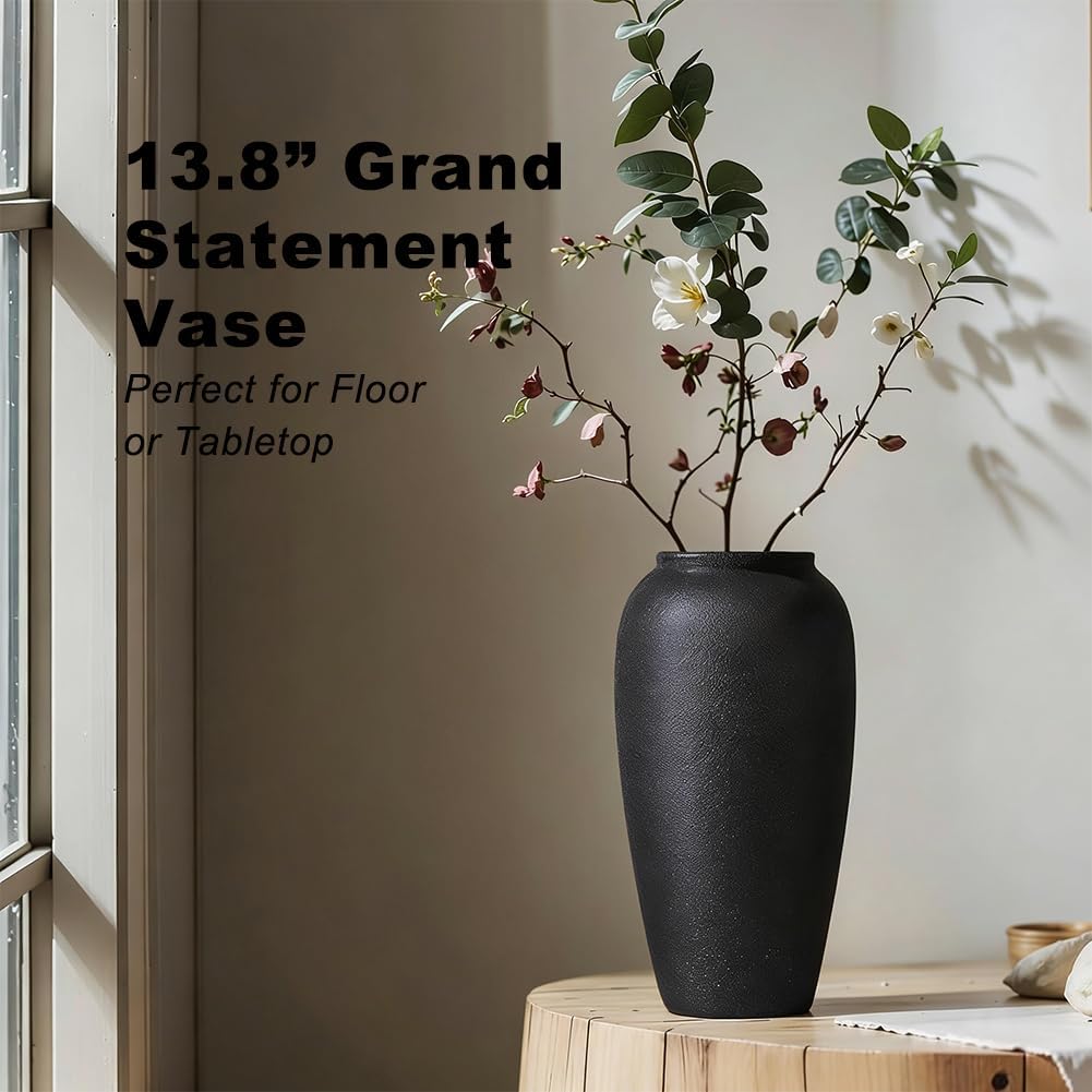 Tall Matte Ceramic Vase / Textured Black / 13.8in