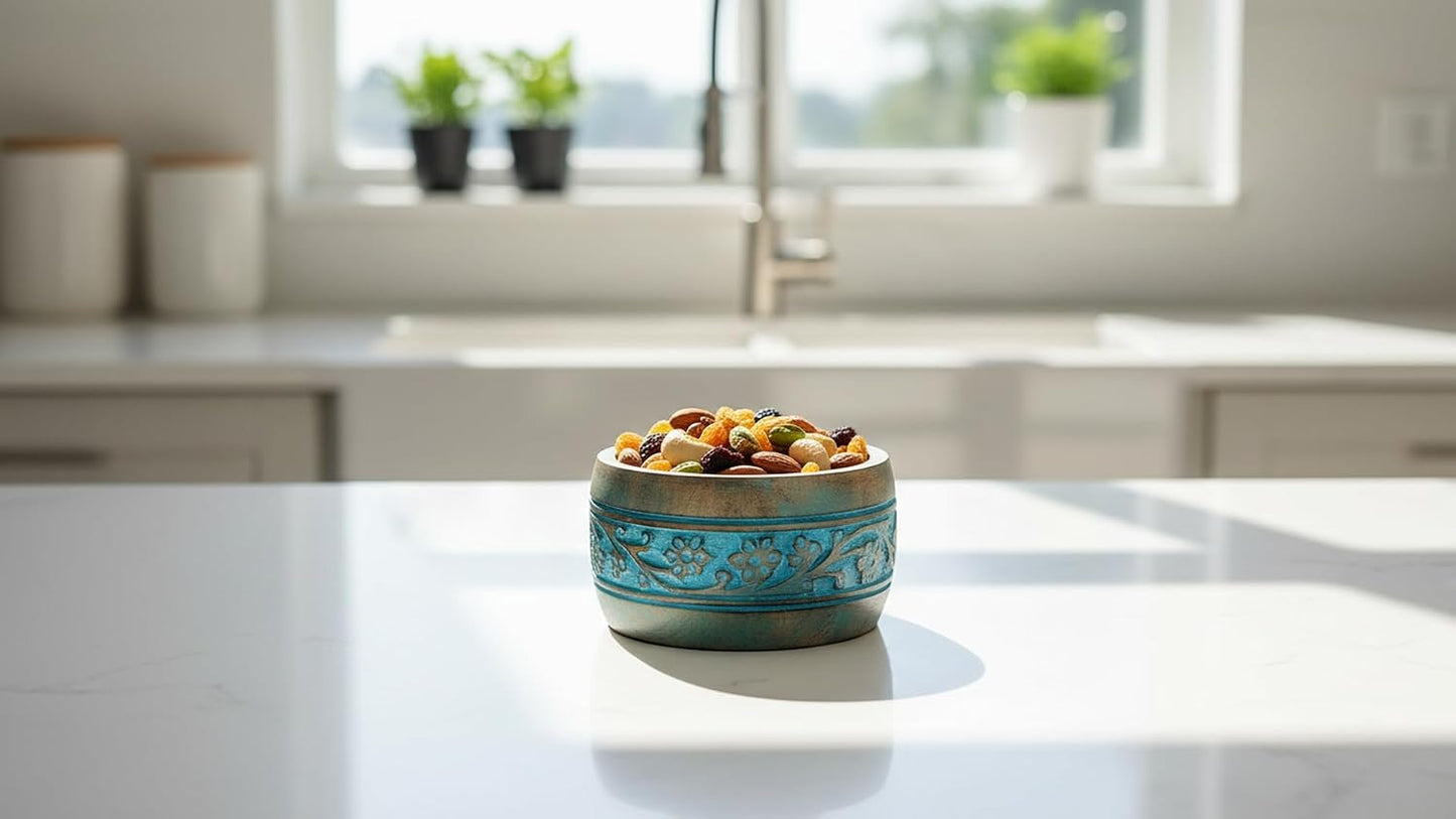 Handmade " Decorative Mango Wood Snack Serving Bowl For Dry Fruits Chips / Blue Wash Finish / 5 x 3