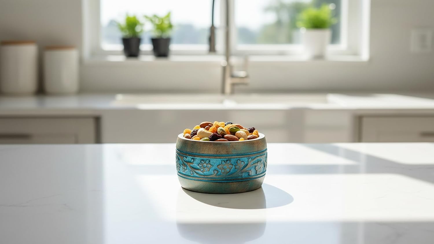 Handmade " Decorative Mango Wood Snack Serving Bowl For Dry Fruits Chips / Blue Wash Finish / 5 x 3