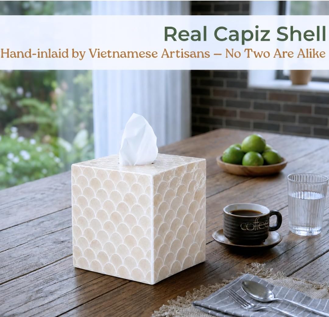 Square Decorative Holder / 5.9" Capiz Shell Tissue Box Cover for Kleenex and More