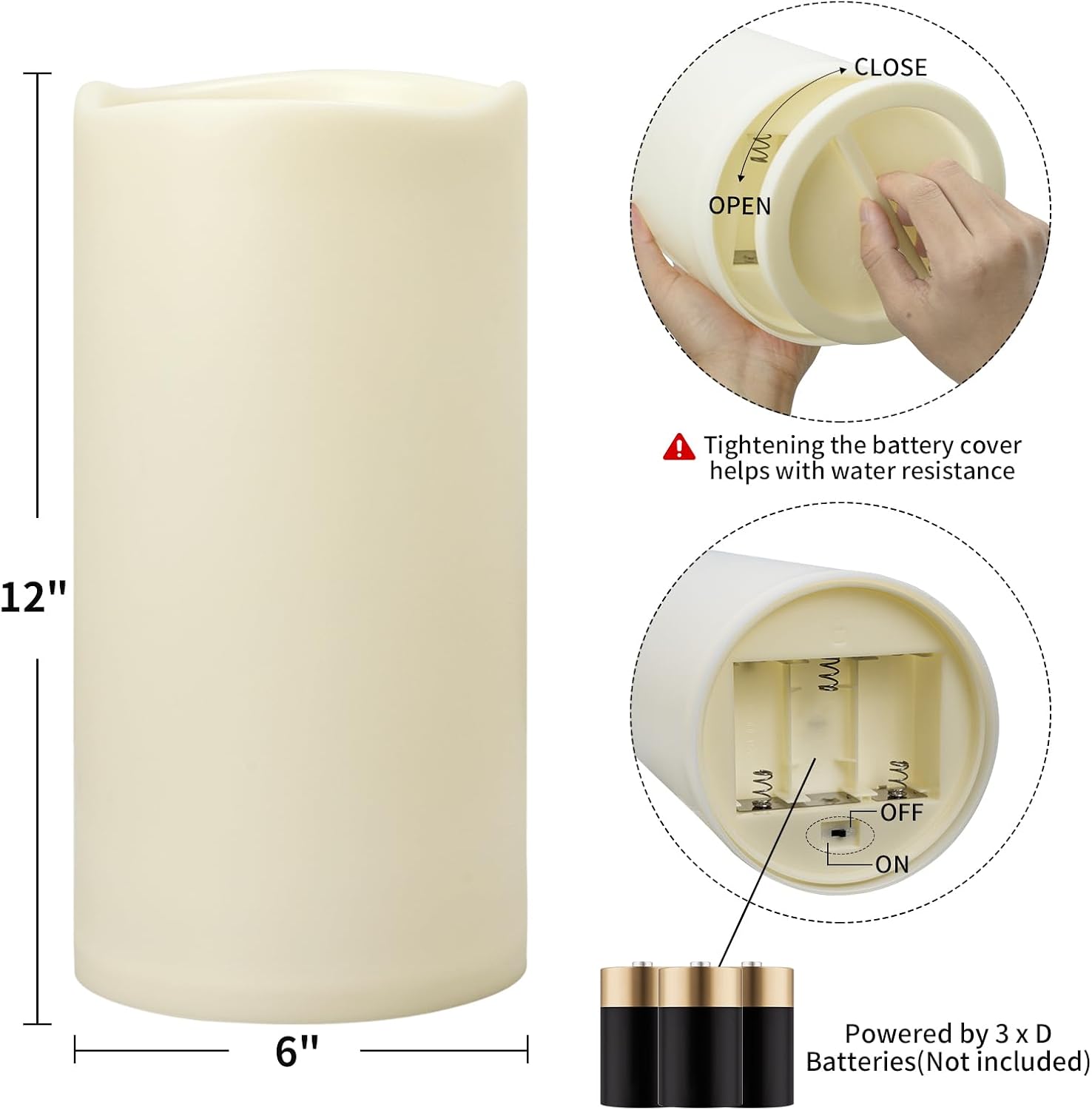 Outdoor Flameless Candles 6" x 12" Extra Large Battery-Operated Candles | LED Flickering Pillar Candles, Waterproof