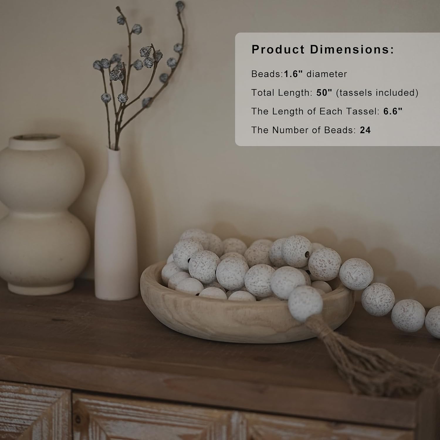 Extra Large Wood Bead Garland / 50 Inches / Rustic White