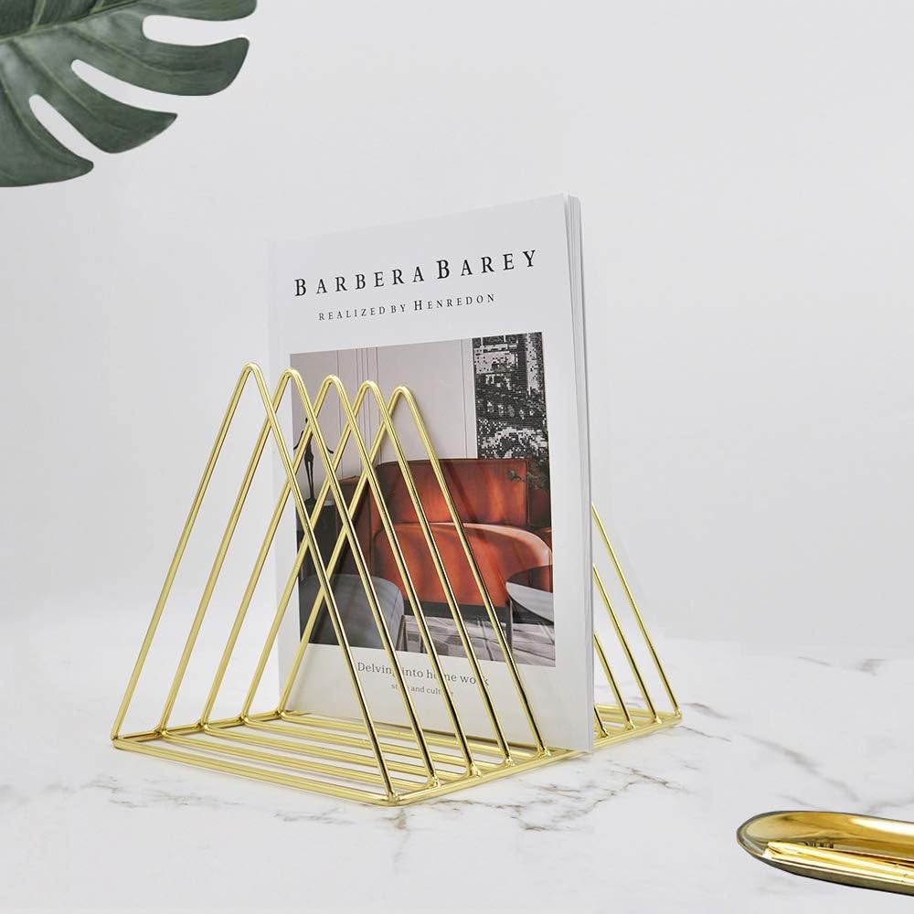 Gold File Holder Organizer, Triangle Record Album Holder Magazine Wire Rack, 9 Slot Multifunction Desktop Storage Decor