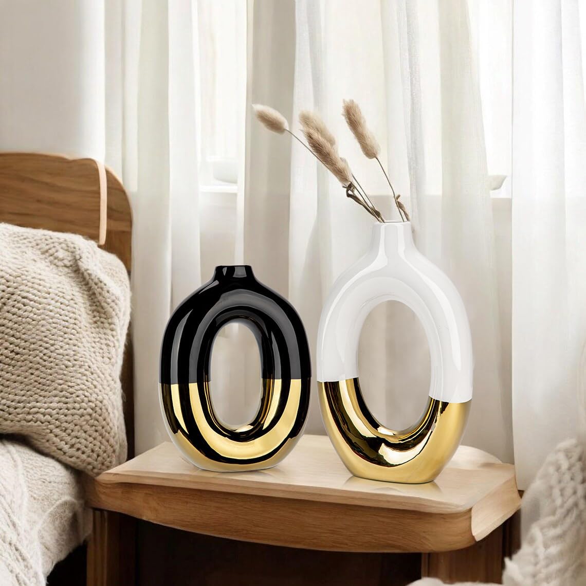 Black and White Vases Donut Vase Ceramic Vases for Flowers / Hollow / Black and White #2 / Set of 2