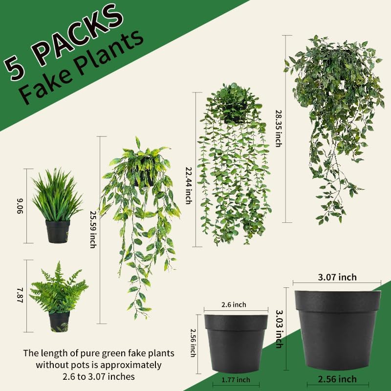 Artificial Hanging Plants & Small Potted Faux Eucalyptus Fern Ivy / 5-pack-5in1 / Set of 5