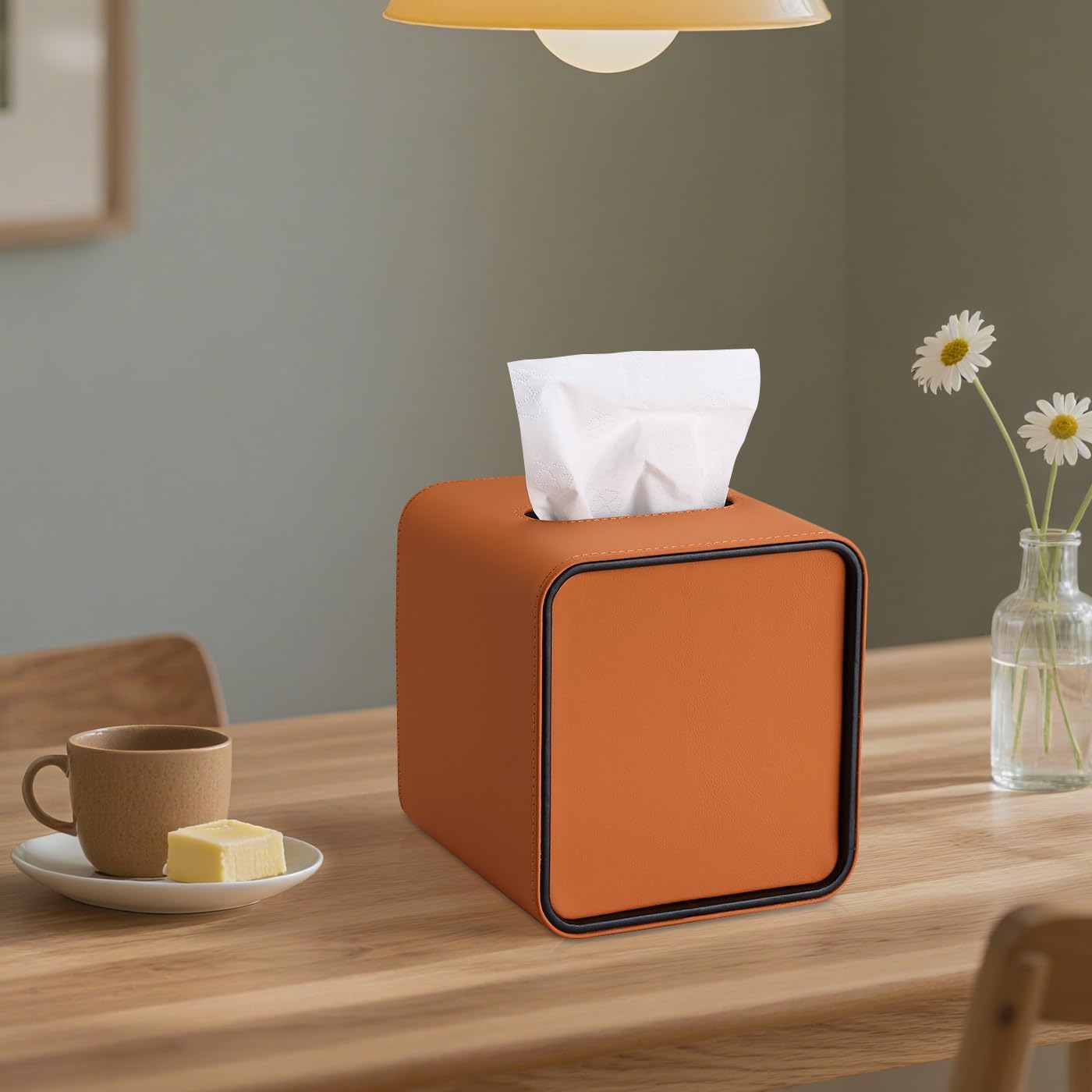 PU Leather Tissue Box Holder / Orange / Square