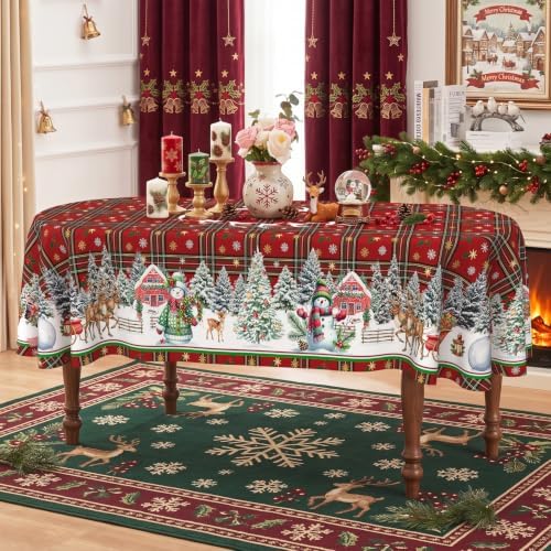 Red Oval Christmas Plaid Tablecloth 60 x 102 Inch, Waterproof Machine Washable Fabric Polyester Christmas Table Cloths Oval Snowman Xmas Holiday Tablecloth for Kitchen Dining Party