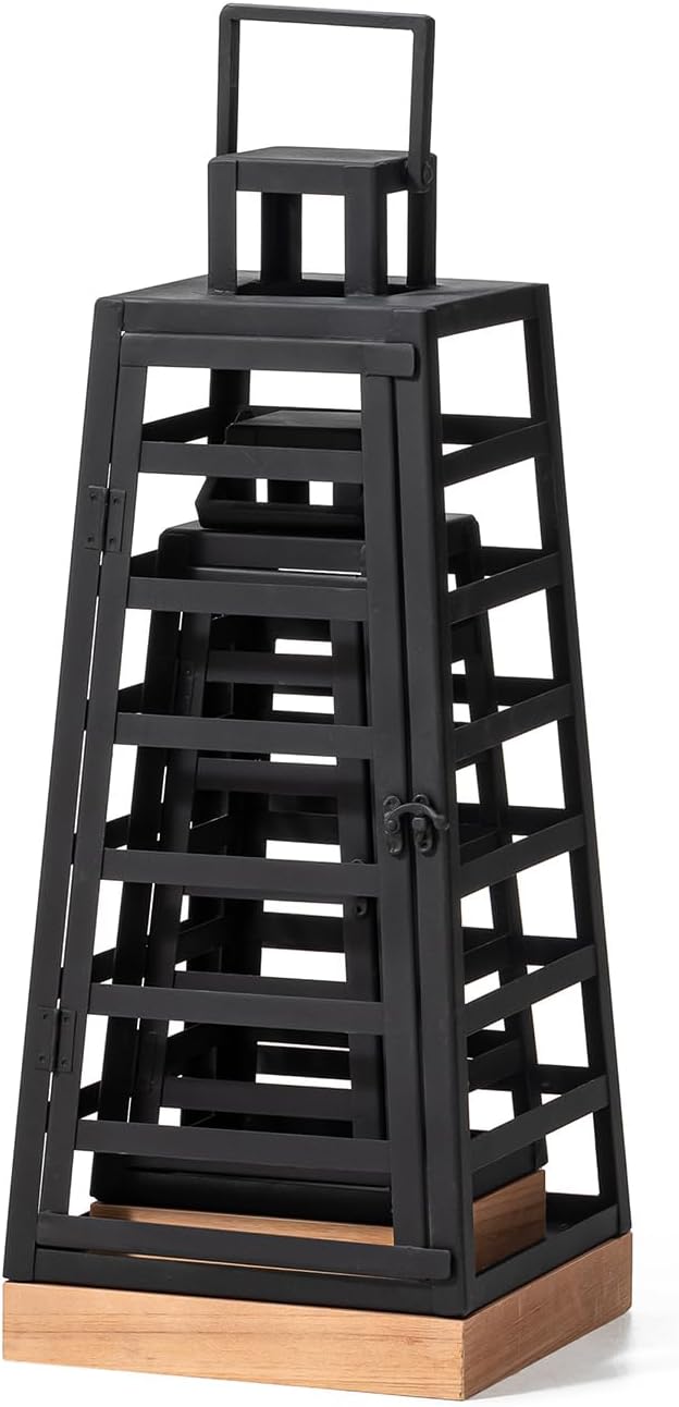 Glitzhome Set of 2 Modern Trapezoid Metal/Wood Hanging Lanterns, Decorative Candle Holder Lanterns for Outdoor & Indoor
