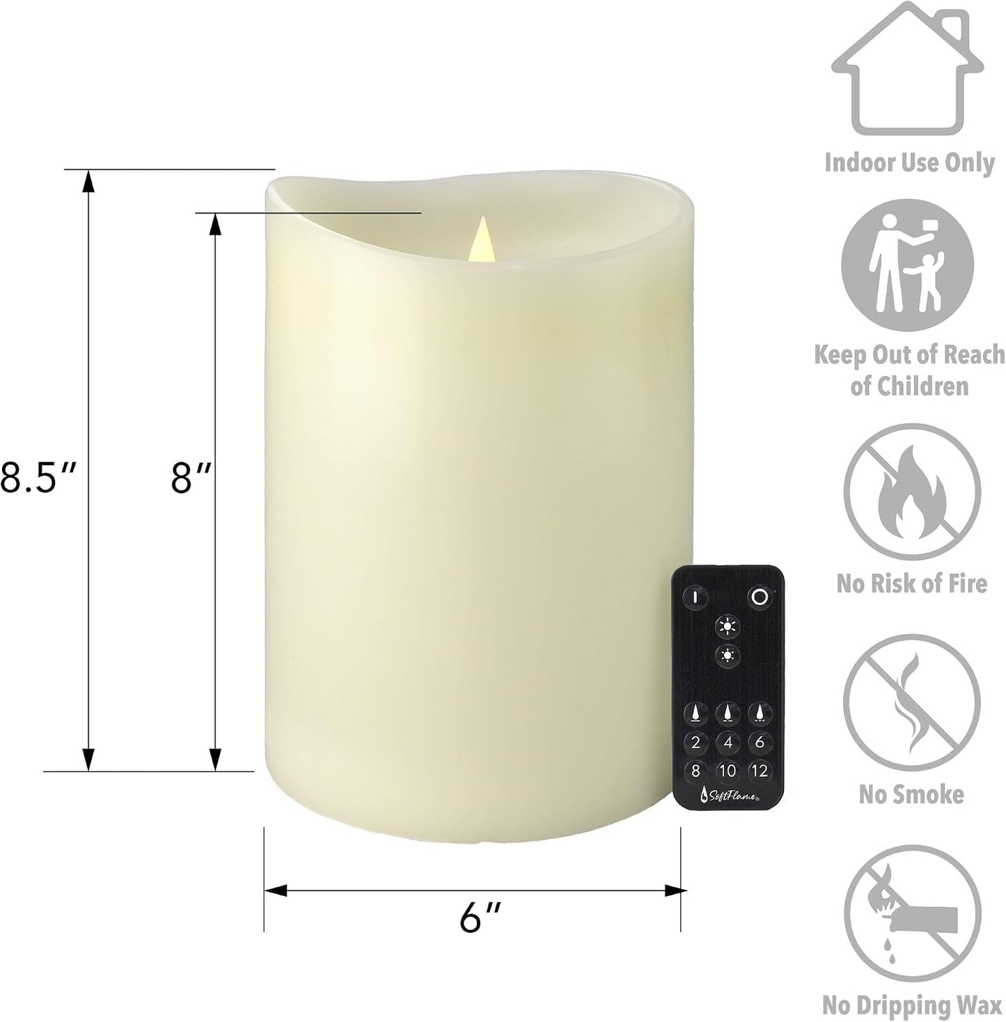 Flameless Candle - 6"x 8"Ivory - Flickering Moving Flame Pillar Candle, Includes Remote Control - Real Wax - 2 x C