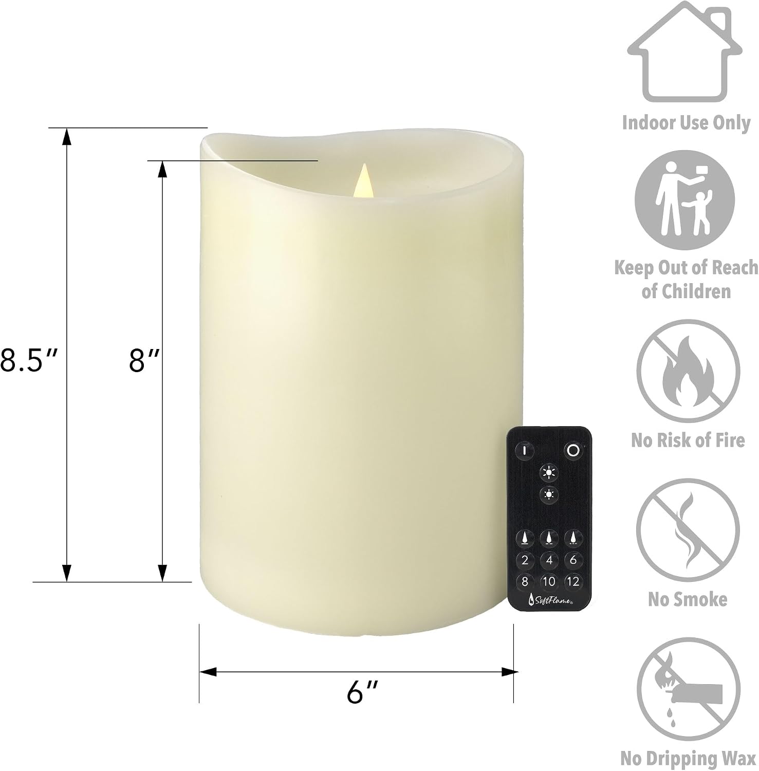 Flameless Candle - 6"x 8"Ivory - Flickering Moving Flame Pillar Candle, Includes Remote Control - Real Wax - 2 x C