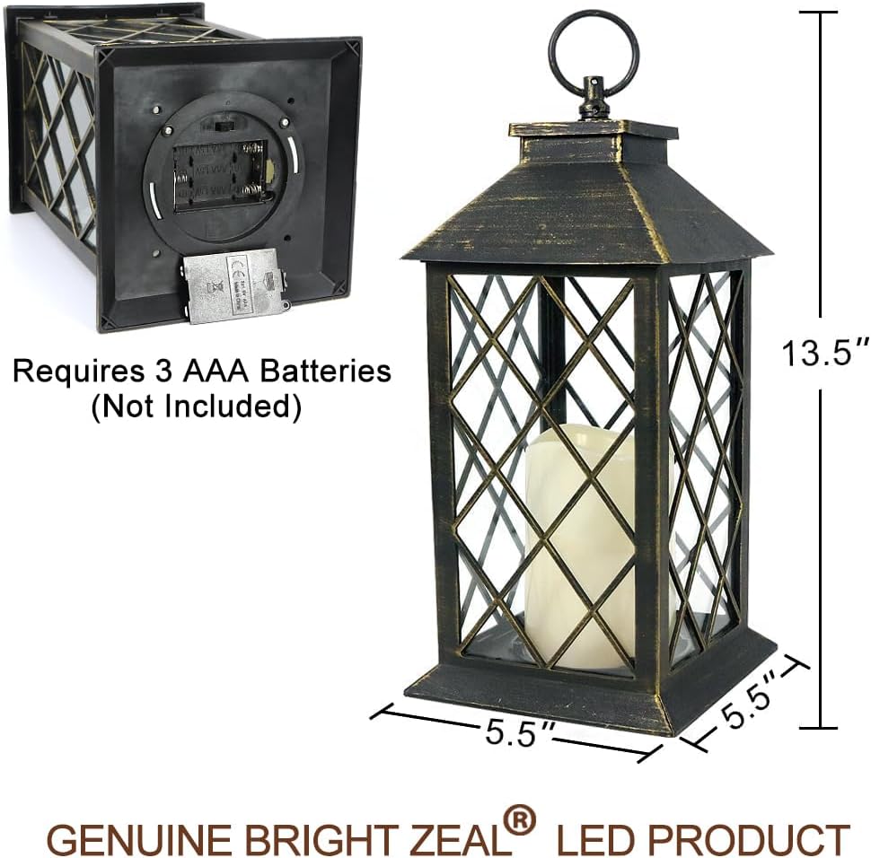 13.5" Outdoor Candle Lantern Decorative with LED Pillar Candle Battery Powered (Distressed Gold, 6hr Timer) - IP44