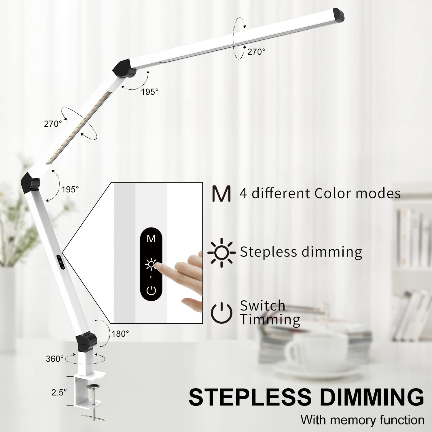 LED Desk Lamp with Clamp, Dual Light Table Lamp with Adjustable Swing Arm, Eye-Care 4 CCT Modes & 5 Brightness Levels