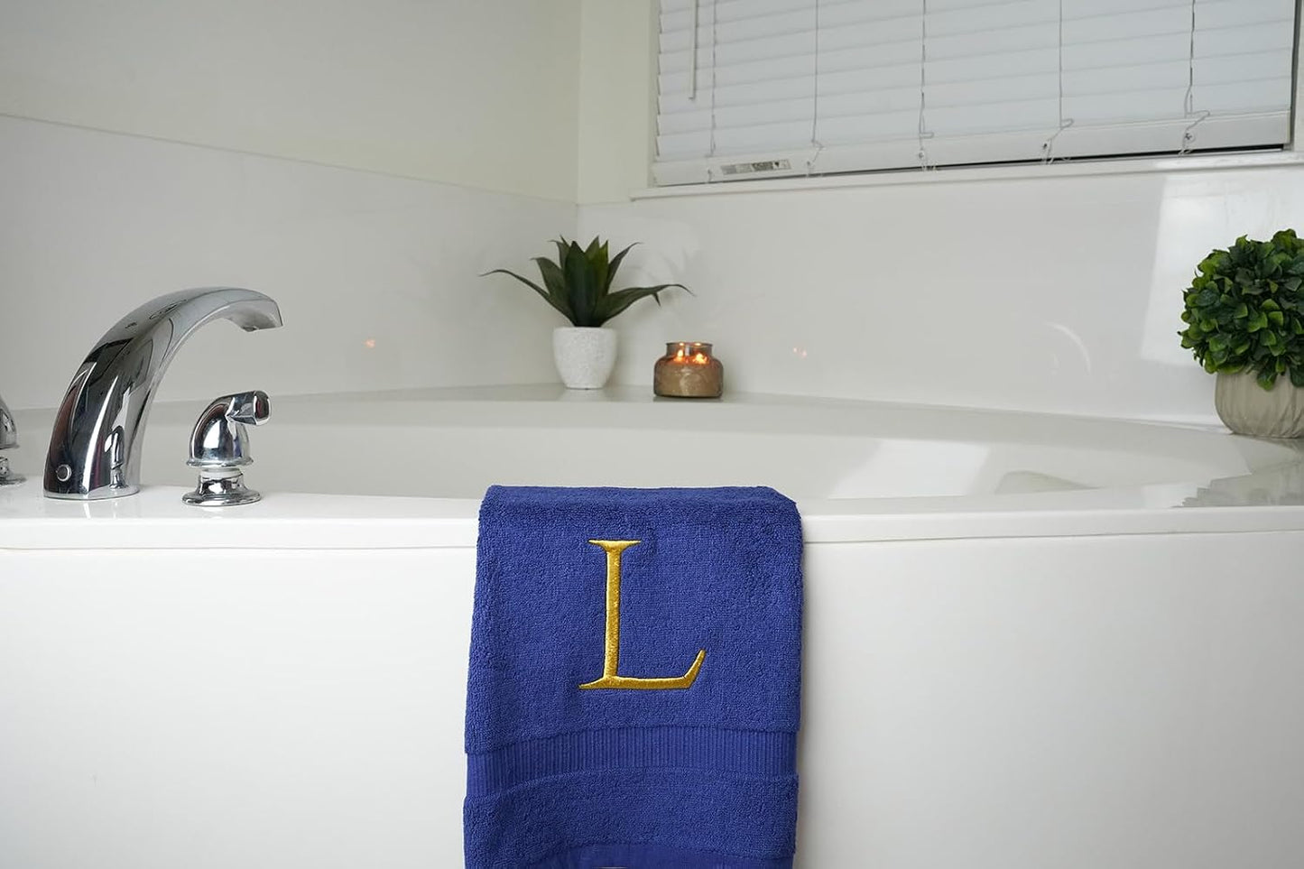 Navy with Gold Monogrammed Hand Towels for Bathroom - Set of 2 Letter L | Luxury Hotel Quality Initial Towels For