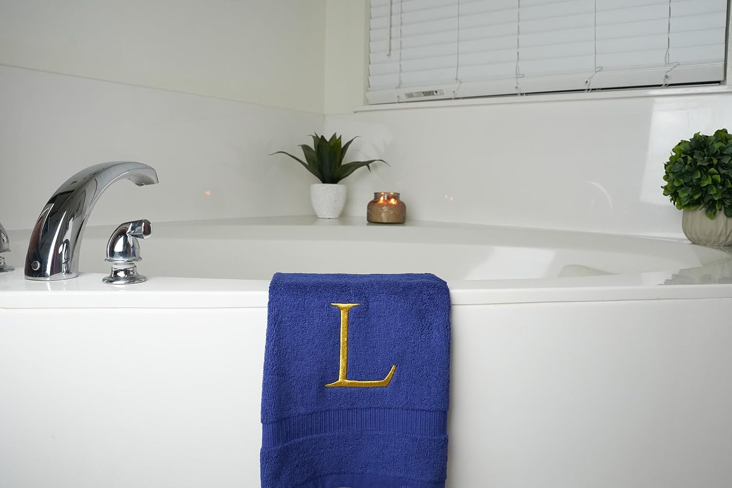Navy with Gold Monogrammed Hand Towels for Bathroom - Set of 2 Letter L | Luxury Hotel Quality Initial Towels For