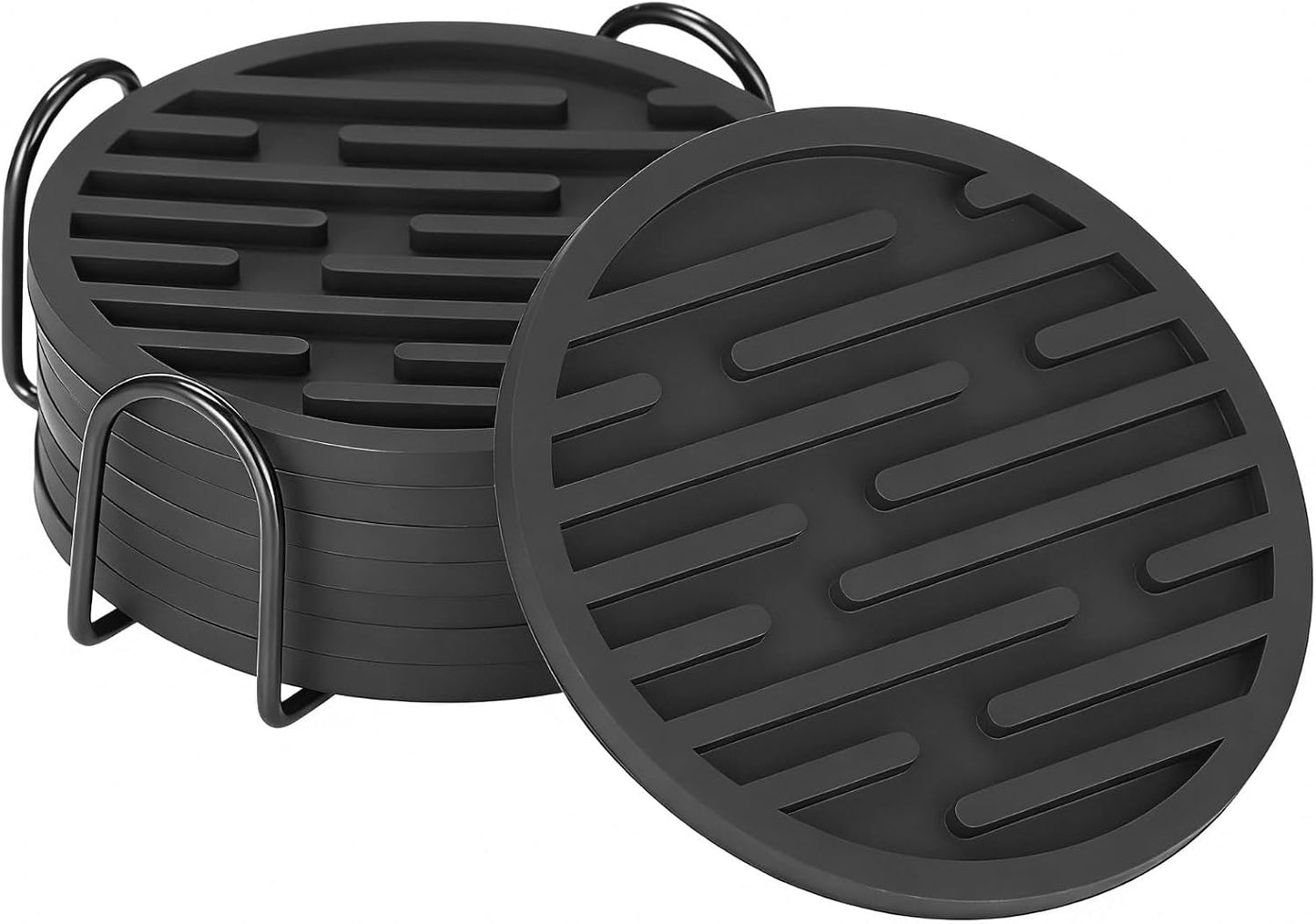 Storage Holder / in Round Modern Groove Pattern Drink Mats / Black / 3.9 Inch / Set of 8