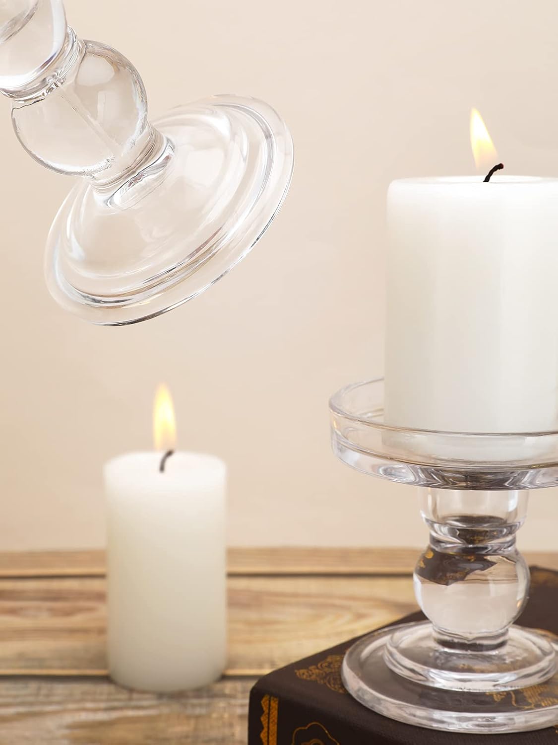 Lewondr Glass Candle Holders, Pillar Candle Holder, 3 Pcs, Crystal Clear | 5.5" 4.5" 3.5" Height, Glass Candlestick
