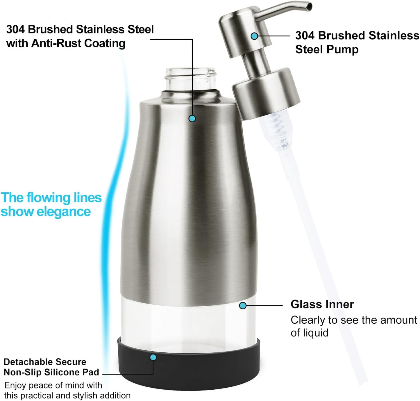 AUMIO 2-Pack Soap Dispenser Set, Stainless Steel & Glass with Silicone Pad | Detachable Non-Slip Silicone Pad | Stable