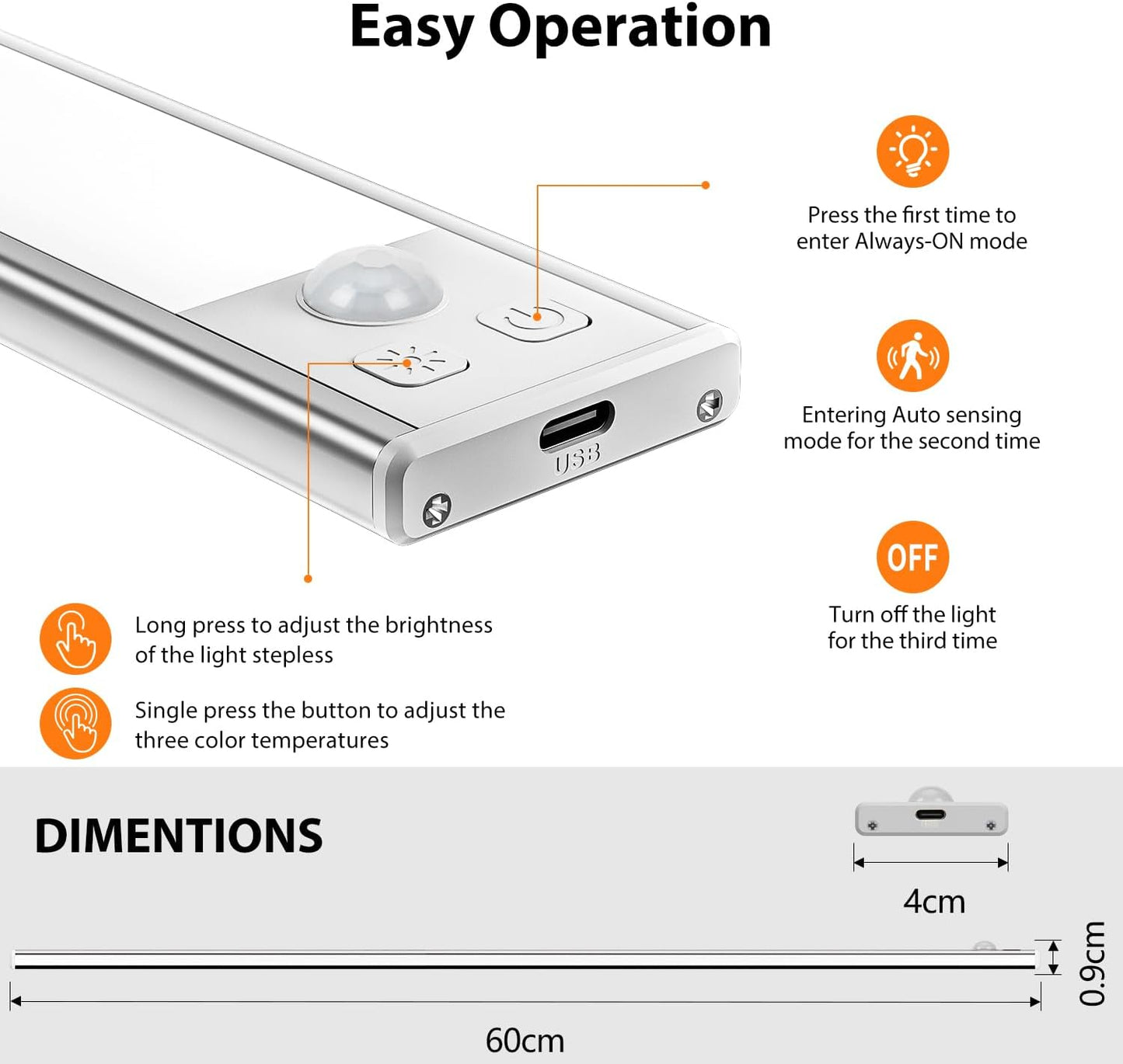 24IN Ultra Long Slim Under Cabinet Lighting, 106 LED 5000mAh 3 Color | 60cm Stepless Dimming Rechargeable Magnetic LED