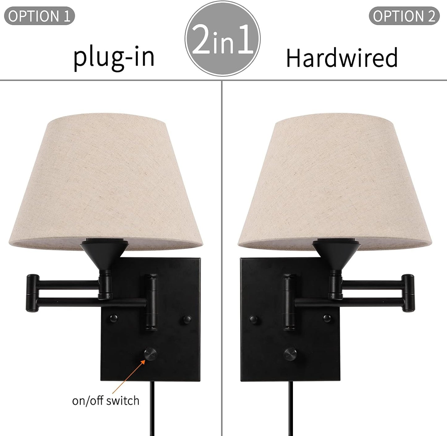 Pauwer Plug in Wall Sconce Set of 2, Swing Arm Wall Lamp (Beige Shade) | Fabric Shade, Wall Light Fixtures with Plug in