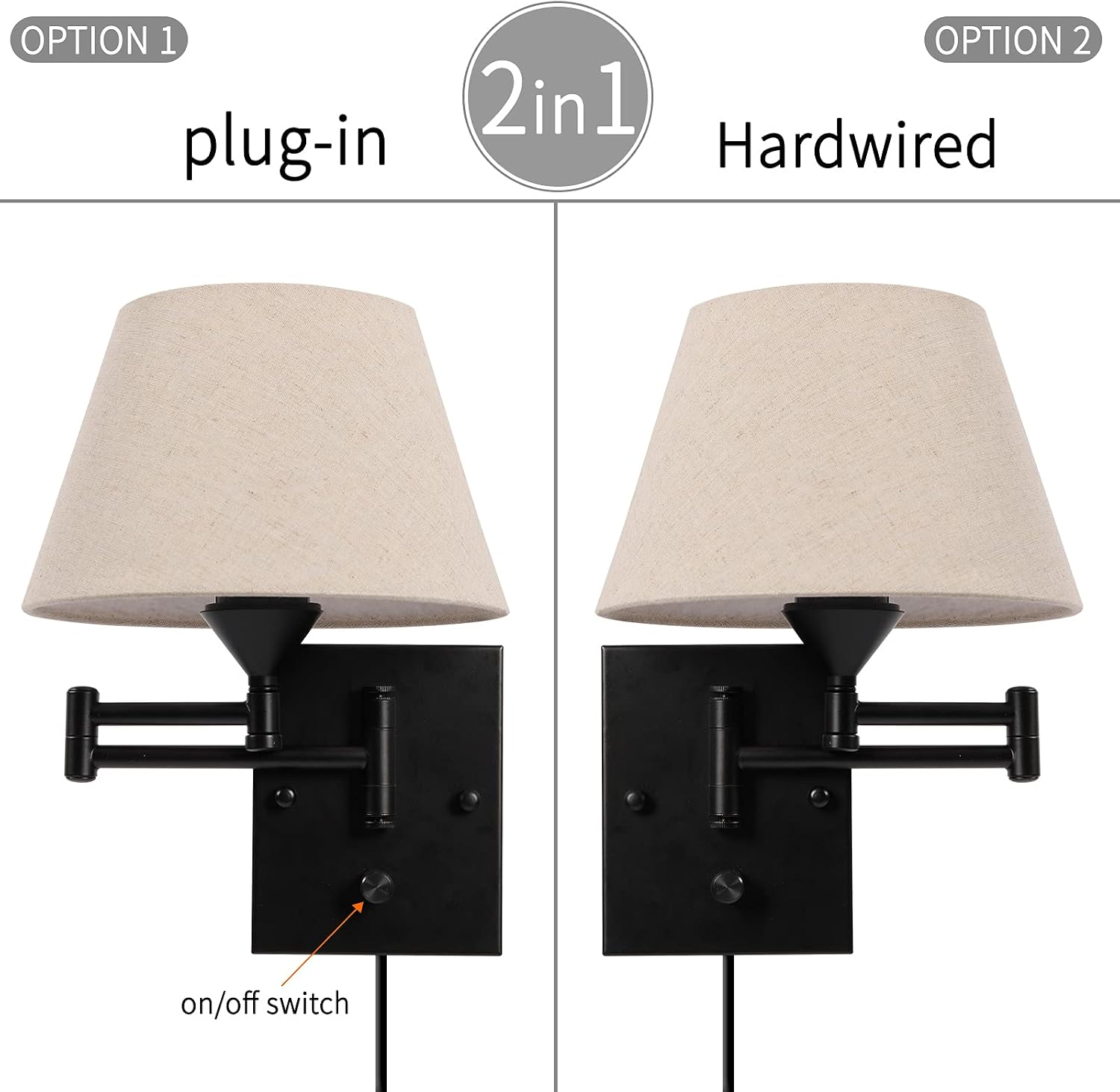 Pauwer Plug in Wall Sconce Set of 2, Swing Arm Wall Lamp (Beige Shade) | Fabric Shade, Wall Light Fixtures with Plug in