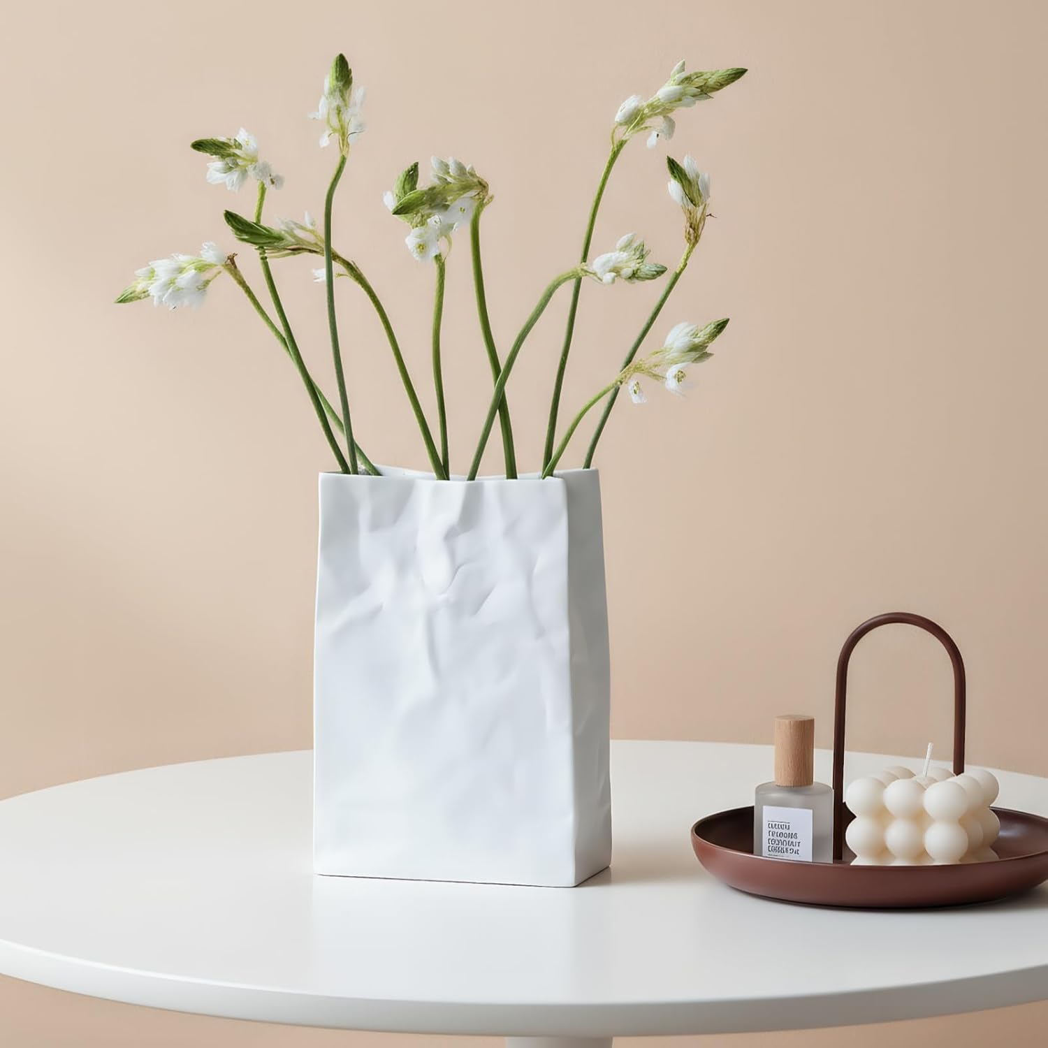 Crinkle Paper Bag Ceramic Vase / White / 7.5 Inch