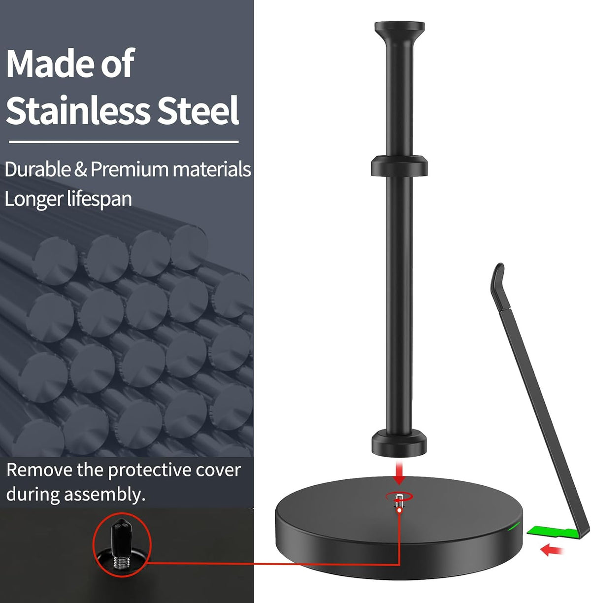 Jesginboo Countertop Paper Towel Holder for Kitchen, Black Tension Arm | One-Handed Tear, Stainless Steel Paper Towel