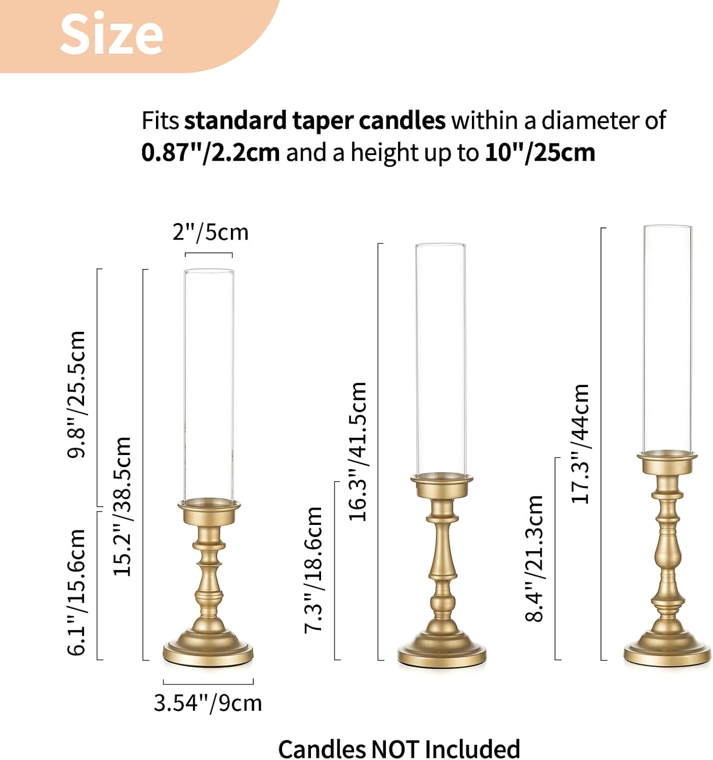 NUPTIO Hurricane Candle Holder for Centerpiece: Set of 3 Gold Candlestick Holders with Glass Shade - Vintage Taper