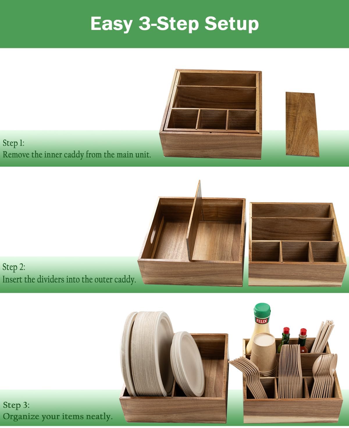 Acacia Wood Utensil Holder for Party -Nested Set of 2(Large 11" x 9.5" Plate Holder & Small 10" x 9" Utensil Caddy)