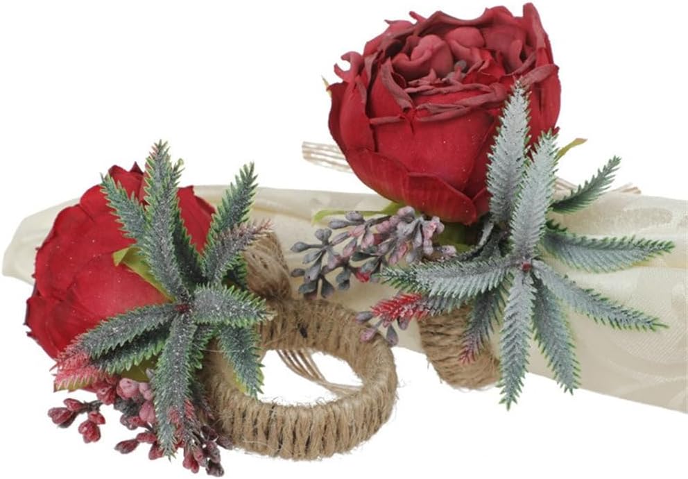 Floral Napkin Rings Set of 6,Rustic Rose Napkin Rings Flower Dinner Napkin Holder for Table Decoration(26#RED)