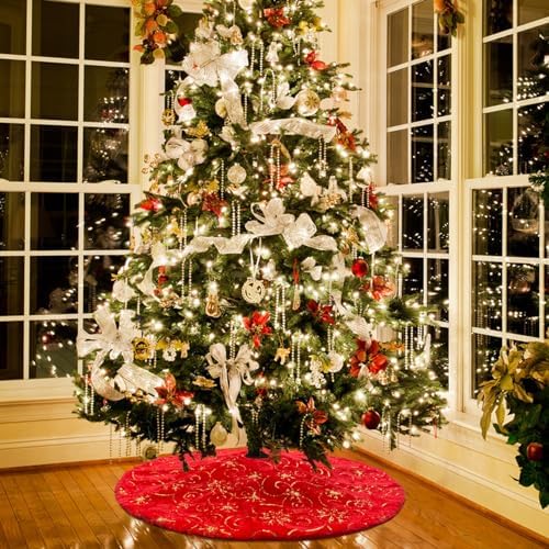 Christmas Tree Skirt Red 48 inch Gold Christmas Tree Skirt Snowflakes Faux Fur for Xmas Holiday Home Party