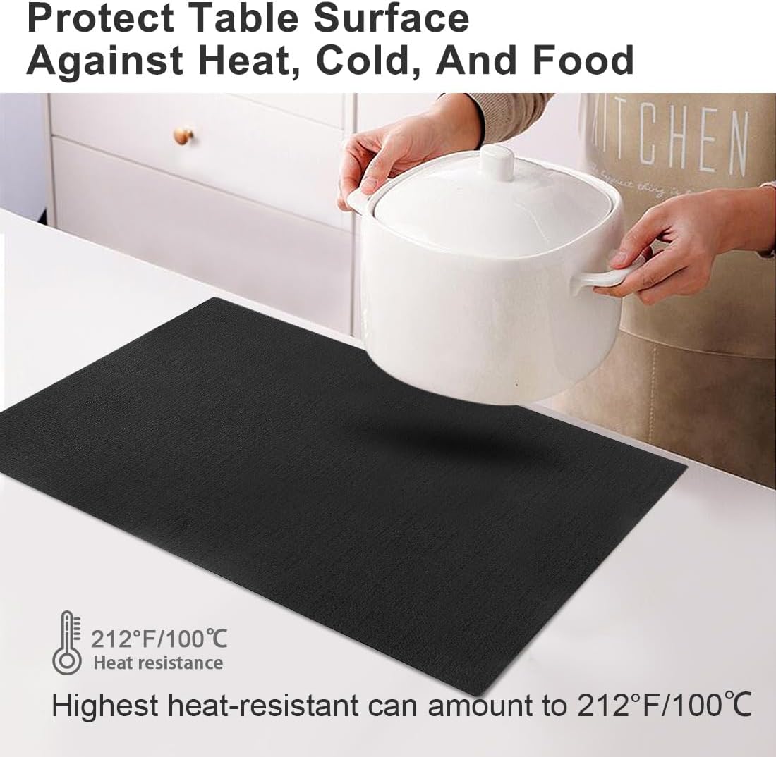 Leather Heat Resistant Placemats Set of 6 Waterproof Wipeable Washable PU Table Mats,Easy to Clean Anti-Slip (6, Black)