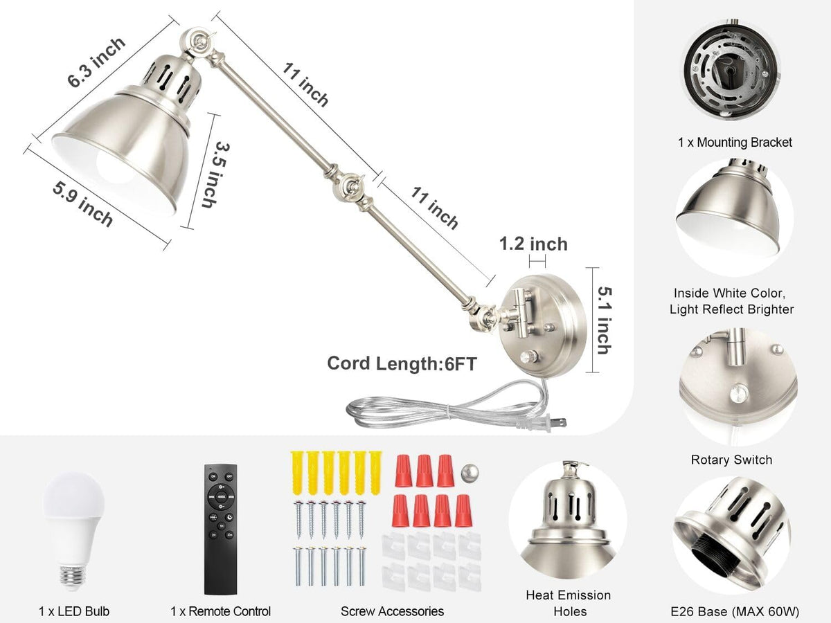 GOODATE 1 Pack Plug in Wall Sconce with Remote, Dimmable, Adjustable Colors, Swing Arm Wall Lamp, Plug in Wall Light