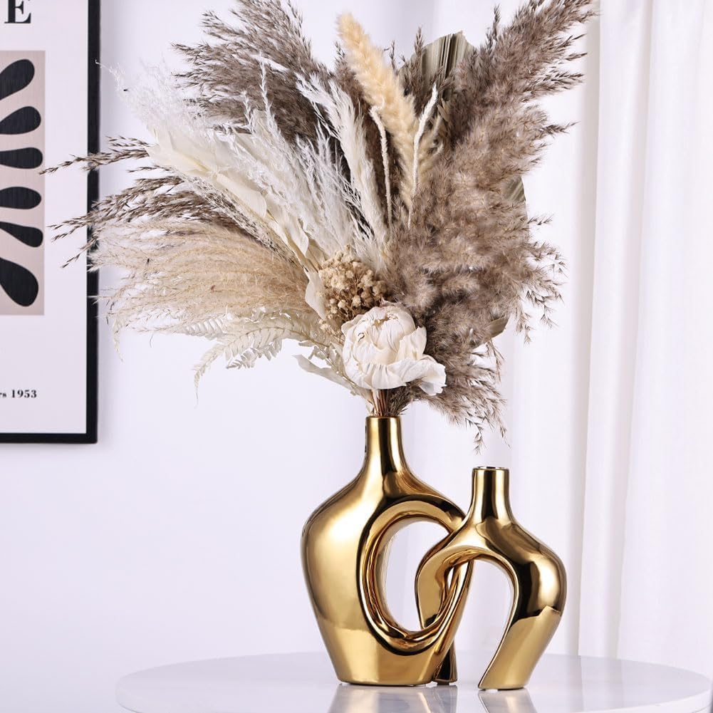 Hollow Ceramic Vases / Gold / Set of 2