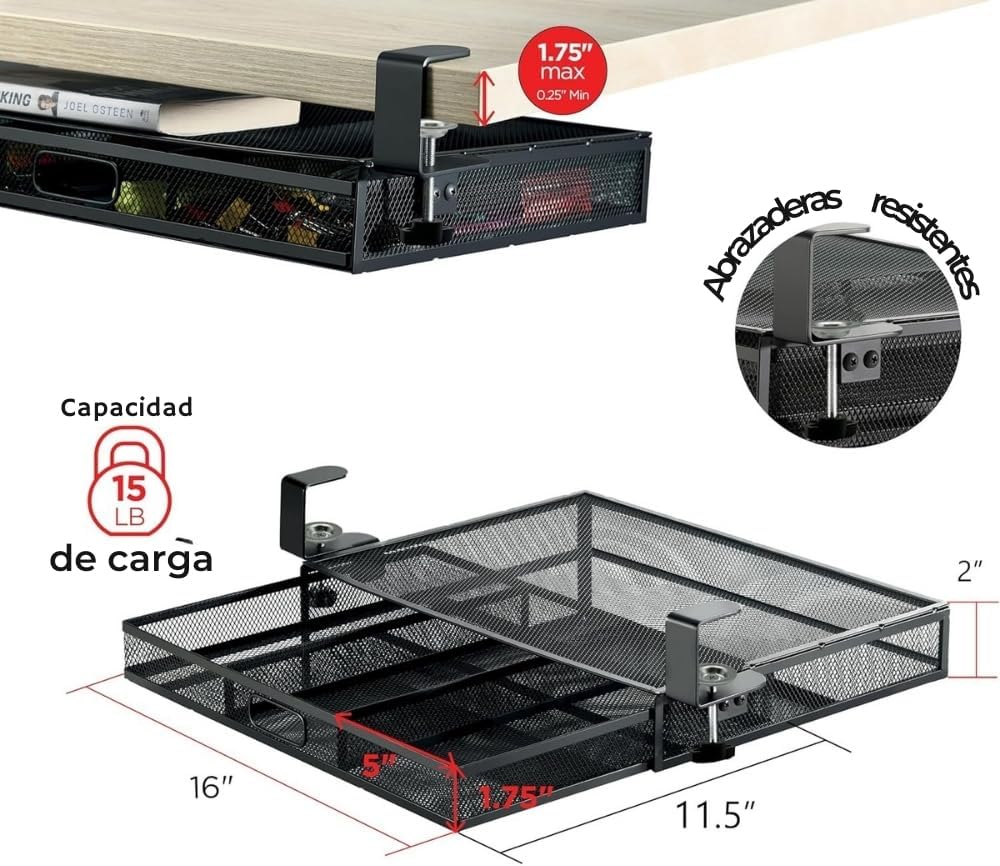 Under Desk Drawer Organizer Clamp-On, Mesh Metal Attachment, 1 Drawer Slide Out, On or Under Desk Organizer for Office