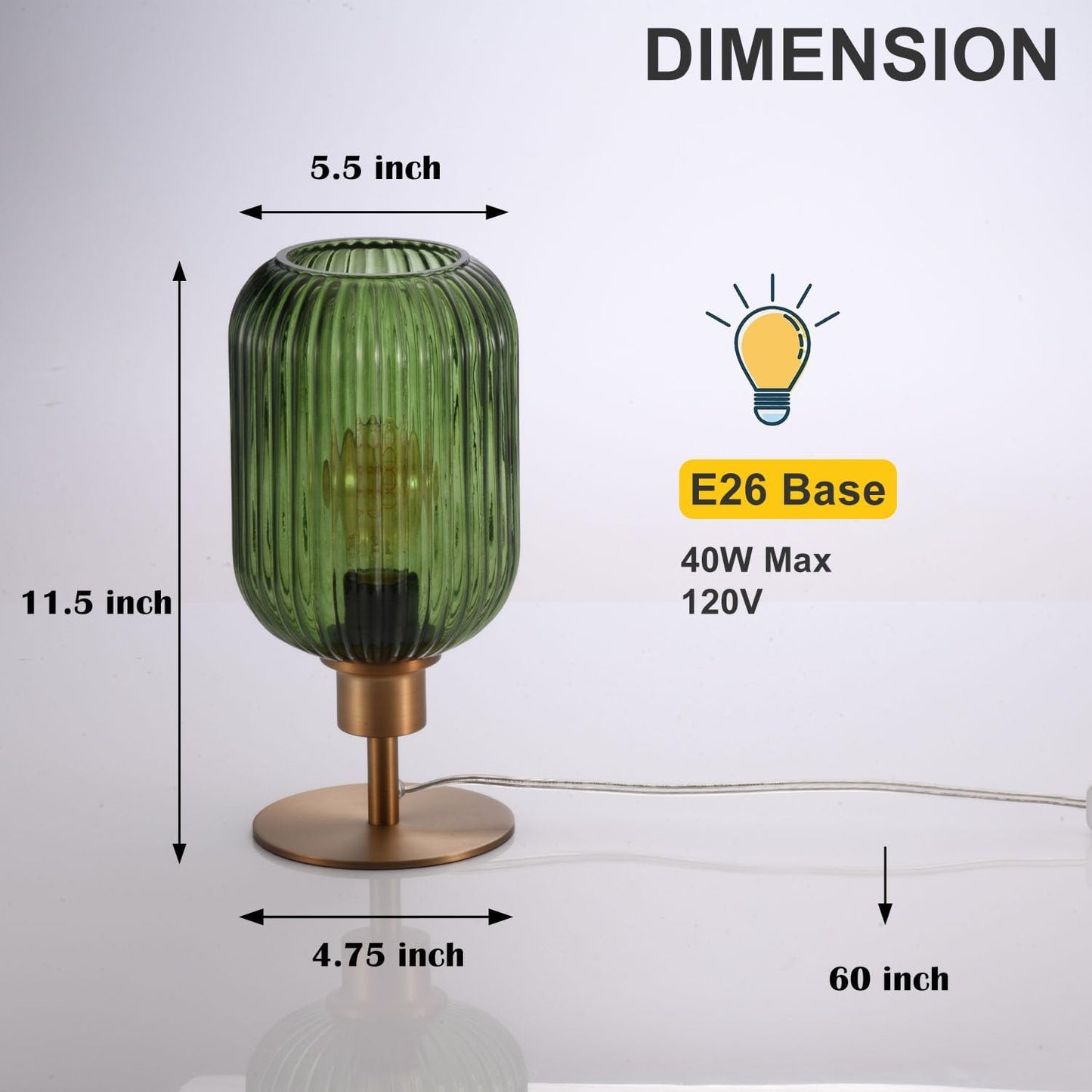 Mid Century Glass Table Lamp,Dimmable Desk Lamp,LED Bulb Included,Timer Build-In,Green Ribbed Glass