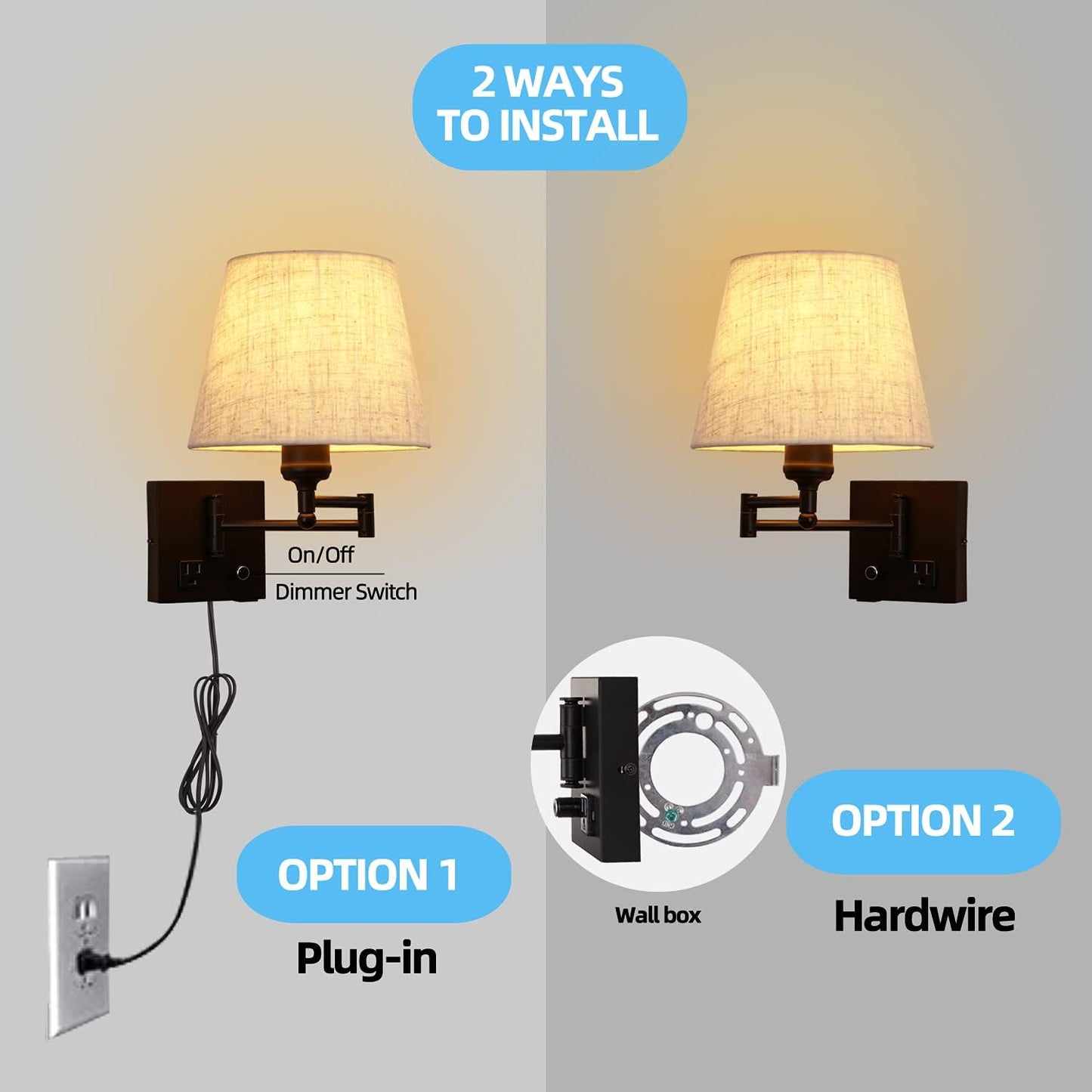 Bedside Wall Mount Light with Dimmable Switch and Outlet, Swing Arm Fabric Shade Wall Sconce Light with USB Port and