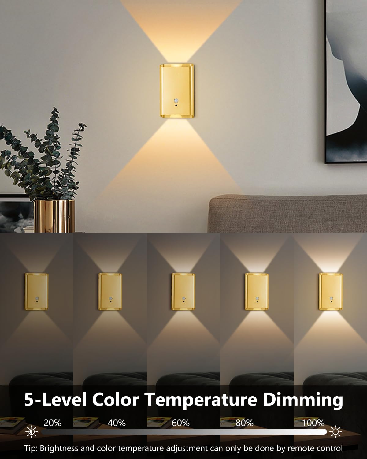WERFOP Rechargeable Motion Sensor Wall Sconce Set of 2 (Gold) | 5000mAh Battery Operated Wall Light Indoor, 3 Colors