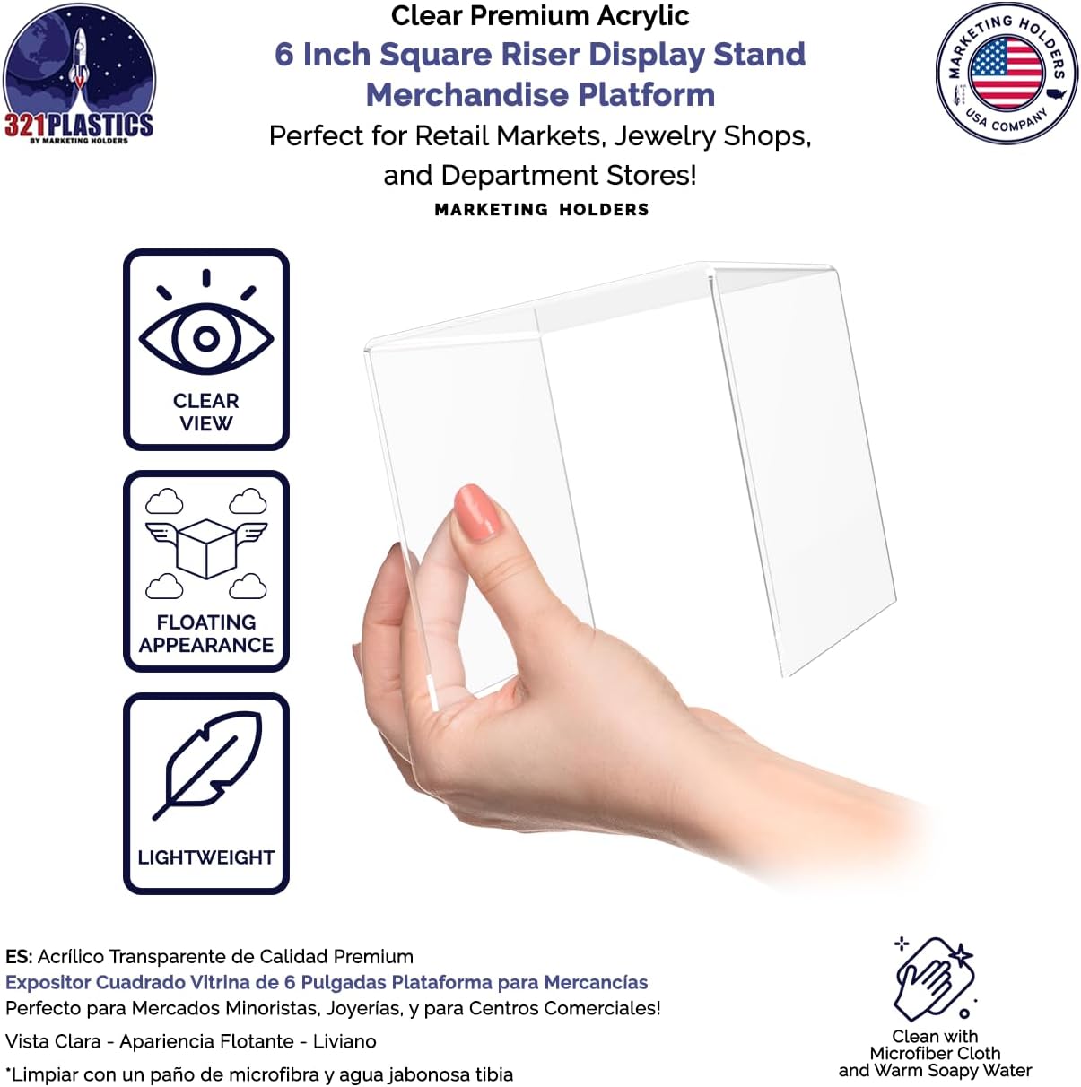 Marketing Holders 4 Pack Clear Acrylic Riser Display Stand 6” Reusable Square Platform POP Display Fixture for Retail