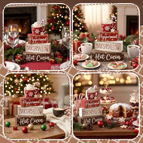 Moucuny 4 Pcs Hot Cocoa Wooden Signs Farmhouse Tiered Tray Decor