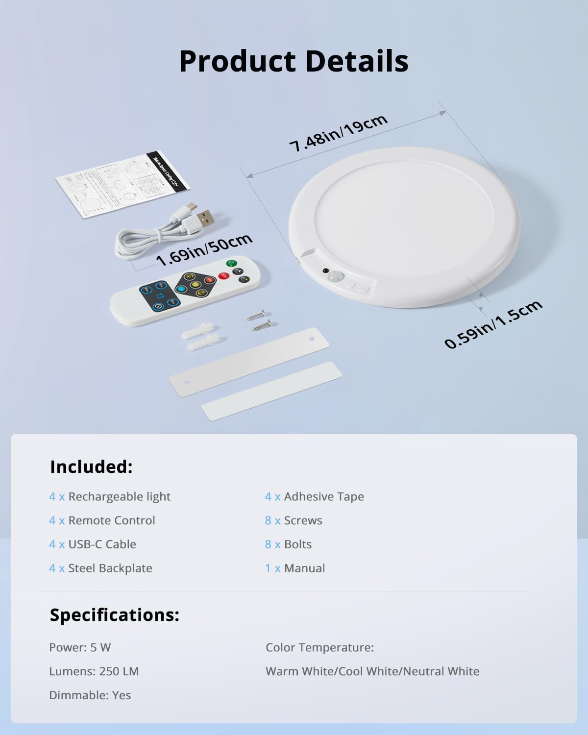 Battery Operated Ceiling Light Cordless Quick Magnetic Mounting, 7.48" Rechargeable Motion Sensor Lights for Shower
