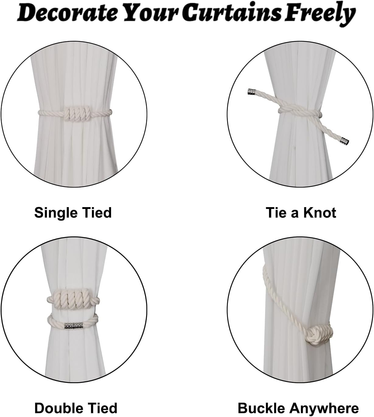 BEL AVENIR Magnetic Cotton Curtain Tiebacks 6 Pack Hand-Woven Curtain Ties | White Cotton Decorative Curtain Holdbacks