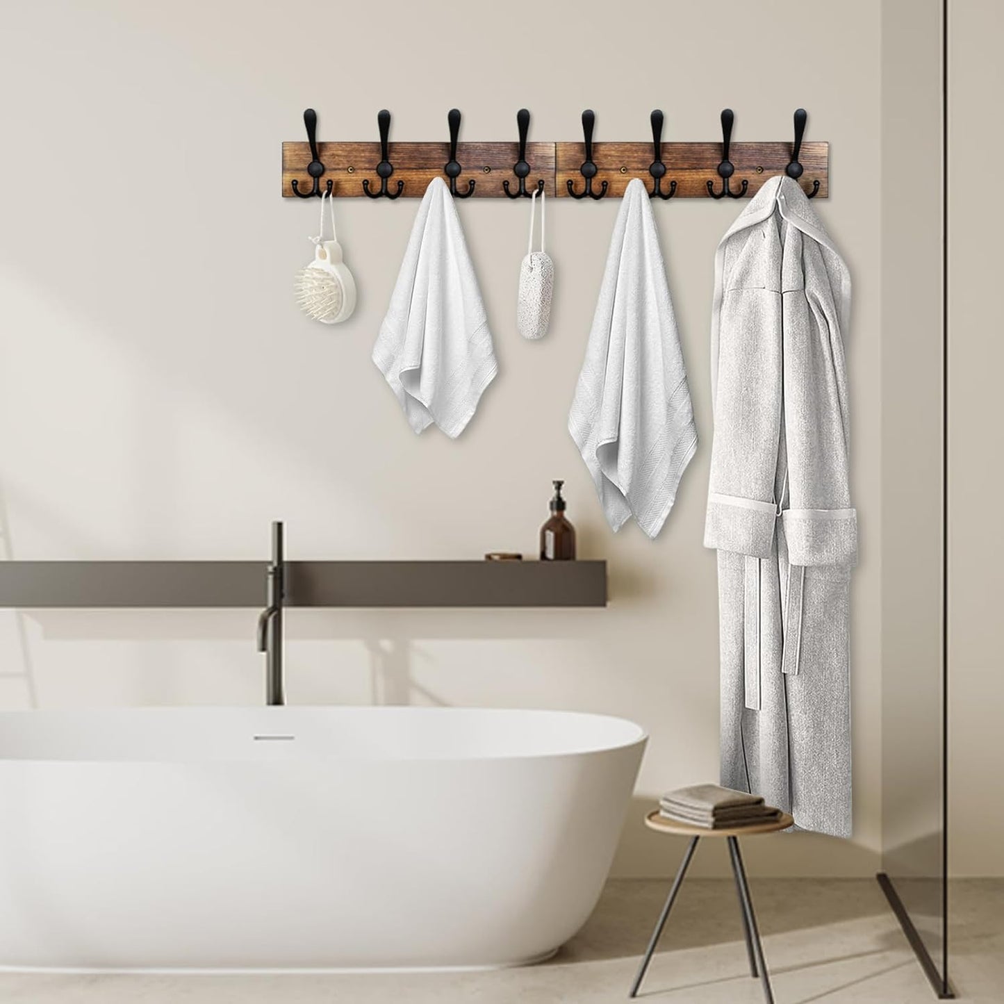 Coat Rack Wall Mount 31.5'' Coat Hanger Wall Mount / 1 Item-8 Hooks / Burnt Brown Plate & Black Hook