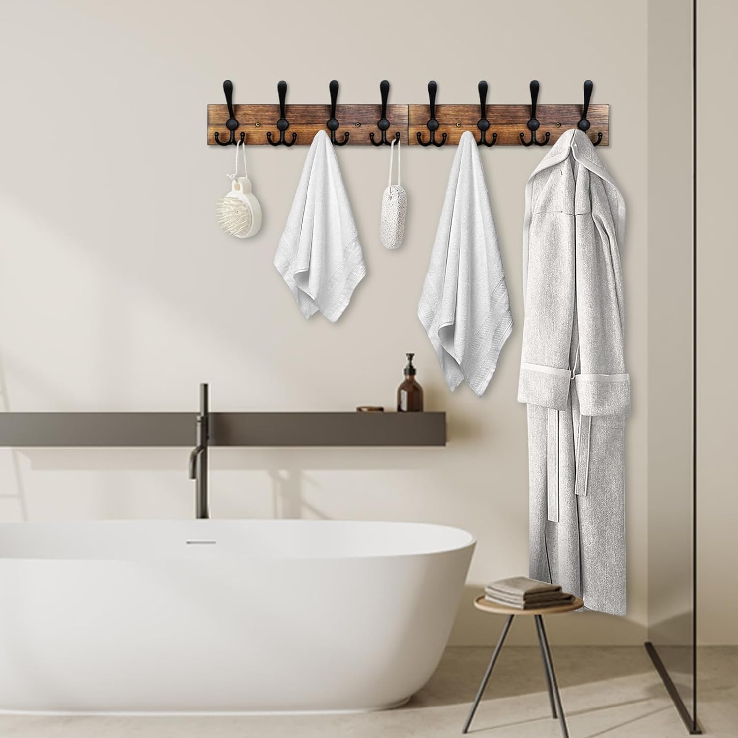 Coat Rack Wall Mount 31.5'' Coat Hanger Wall Mount / 1 Item-8 Hooks / Burnt Brown Plate & Black Hook