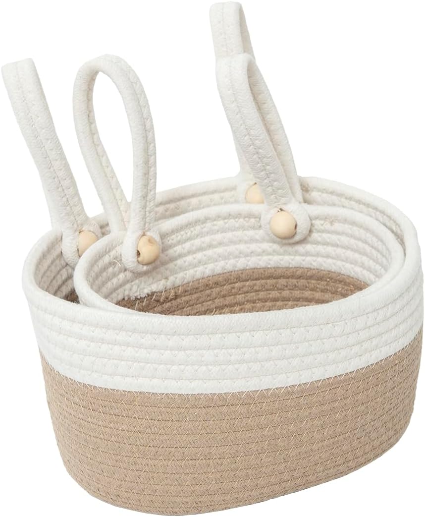 Cotton Hanging Basket for Organizing Hanging Wall Basket / Khaki White / Set of 2