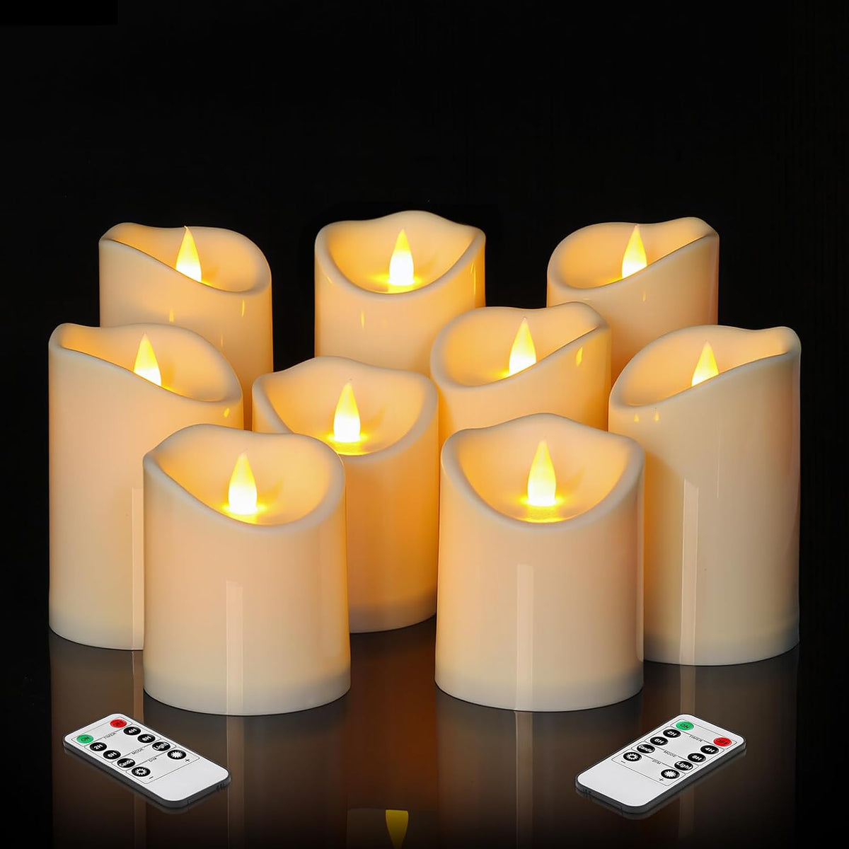 antizer Flameless Candles 9 Pack Plastic LED Ivory Pillars with 2 Remotes & Timer, Battery Operated Outdoor Decor for Garden Patio, Wedding & Home Festival (Ivory - 3" D x 9 Pack)
