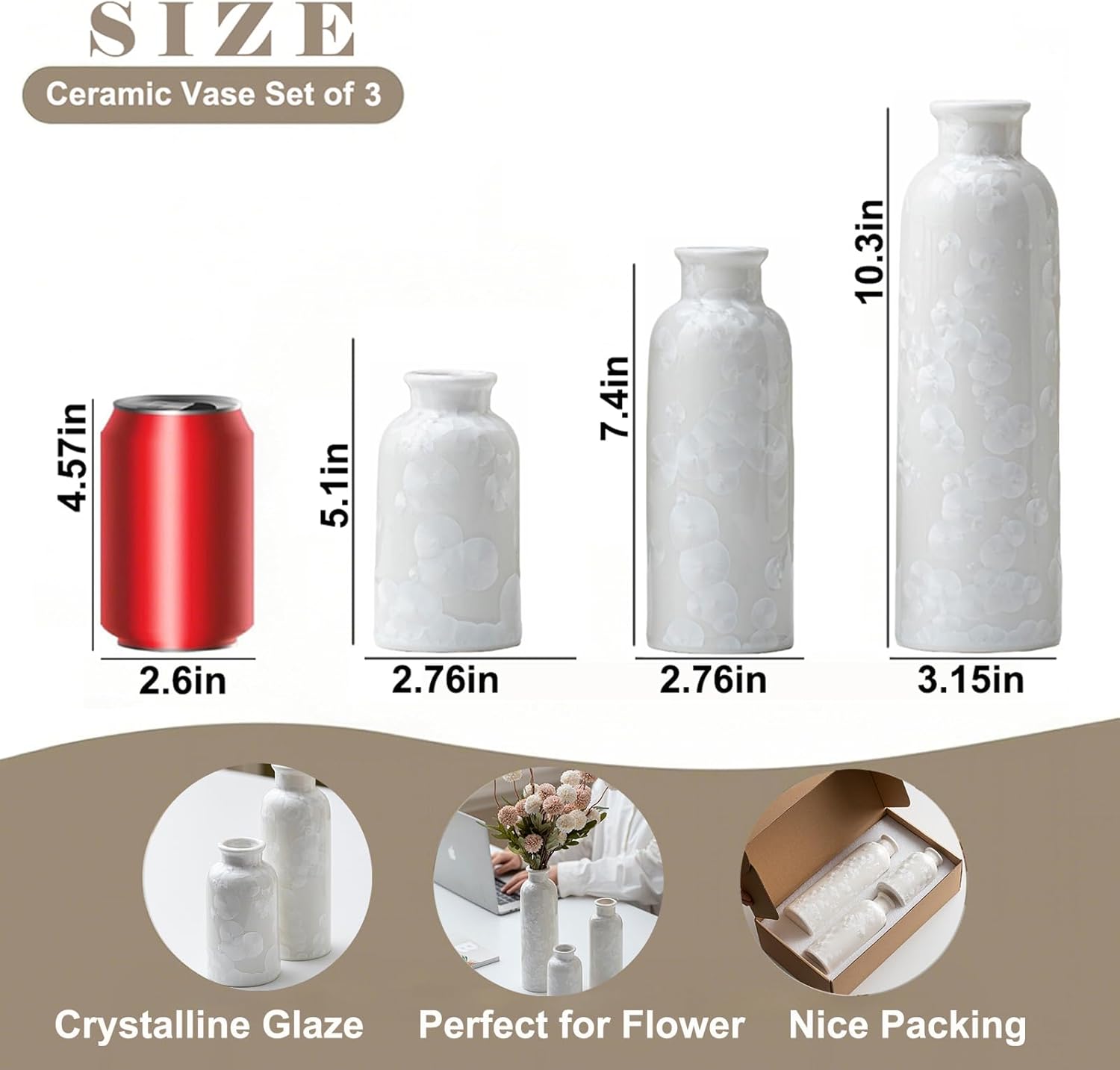 Modern Ceramic Vase / Crystalline Glaze White / Set of 3